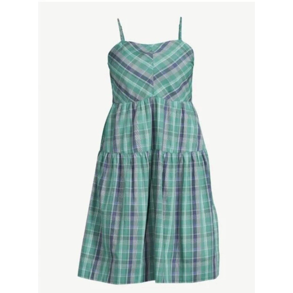 100% Organic Cotton Free Assembly Women-Medium Plaid Dress Tiered Tie Back Dress